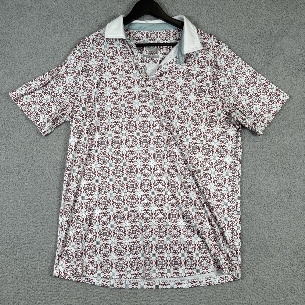 Swannies Polo Shirt Mens XL White Maroon Geometric Golf Performance Stretch